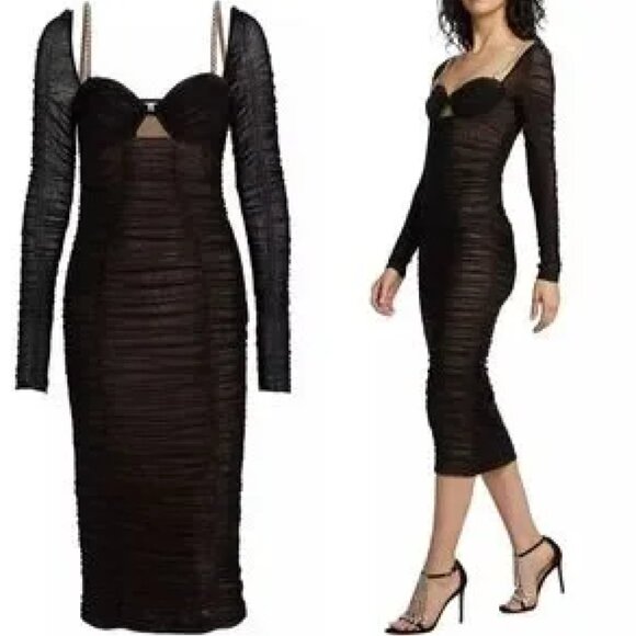 SELF-PORTRAIT Power Mesh Long Sleeve Midi Dress Black Crystal Embellished Cutout - Picture 2 of 4